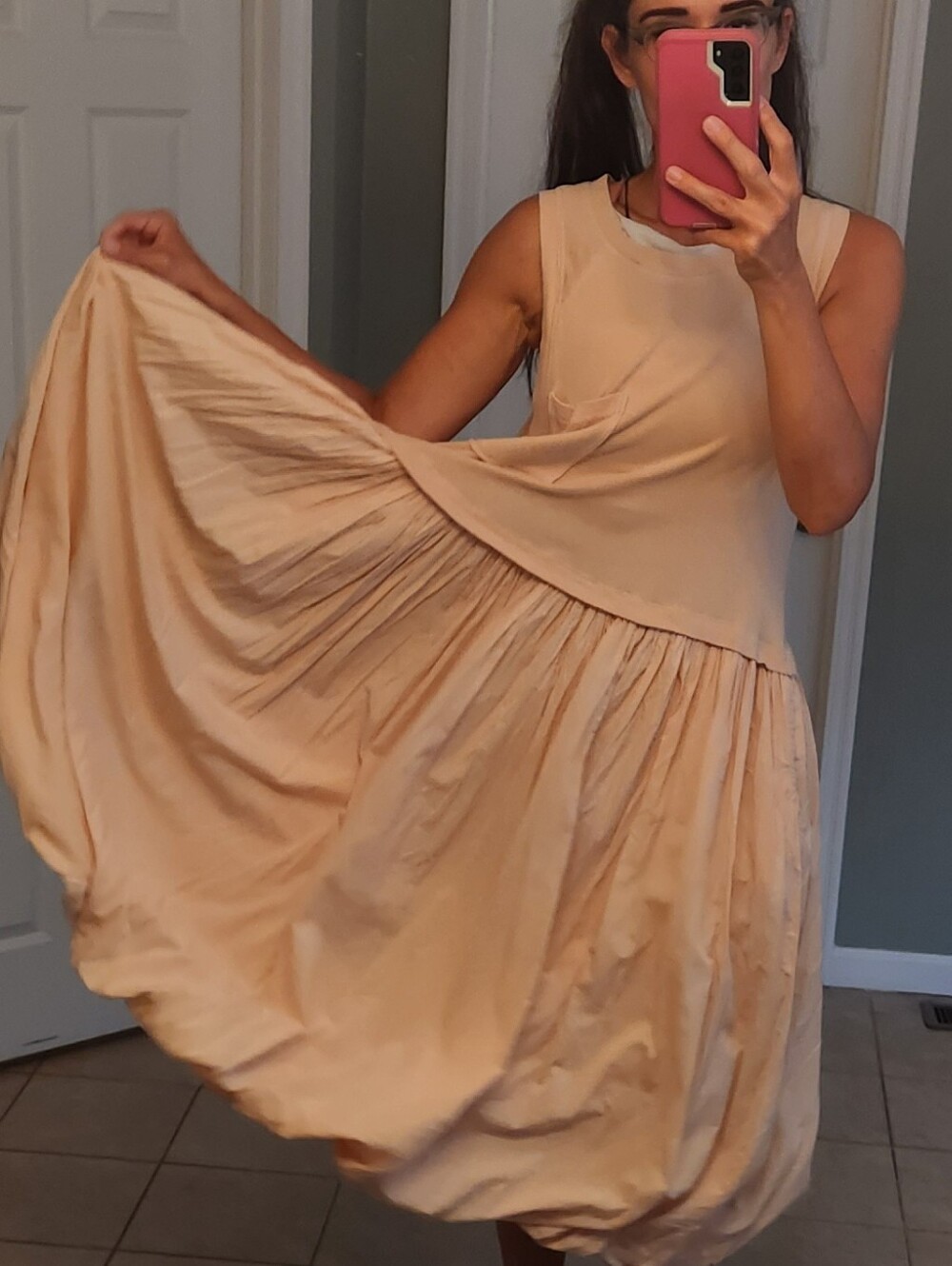 Free People Calla Lily Pink Cream Midi Bubble-Hem Dress Size M 100% Cotton - Picture 6 of 15